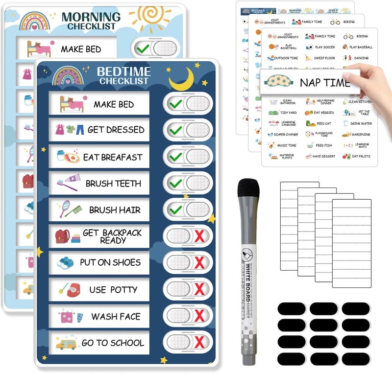 CustomMaster 2 in 1 Bedtime/Morning Routine Chart for Kids Toddlers, Magnetic Chore Chart for Kids, Cute Visual Schedule for Kids Schedule Board for Home, Kids Checklist to Do List ADHD Tools for Kids - Image 1